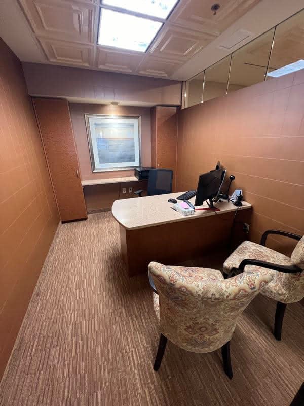 Consultation room with two patterned chairs against a brown brick wall