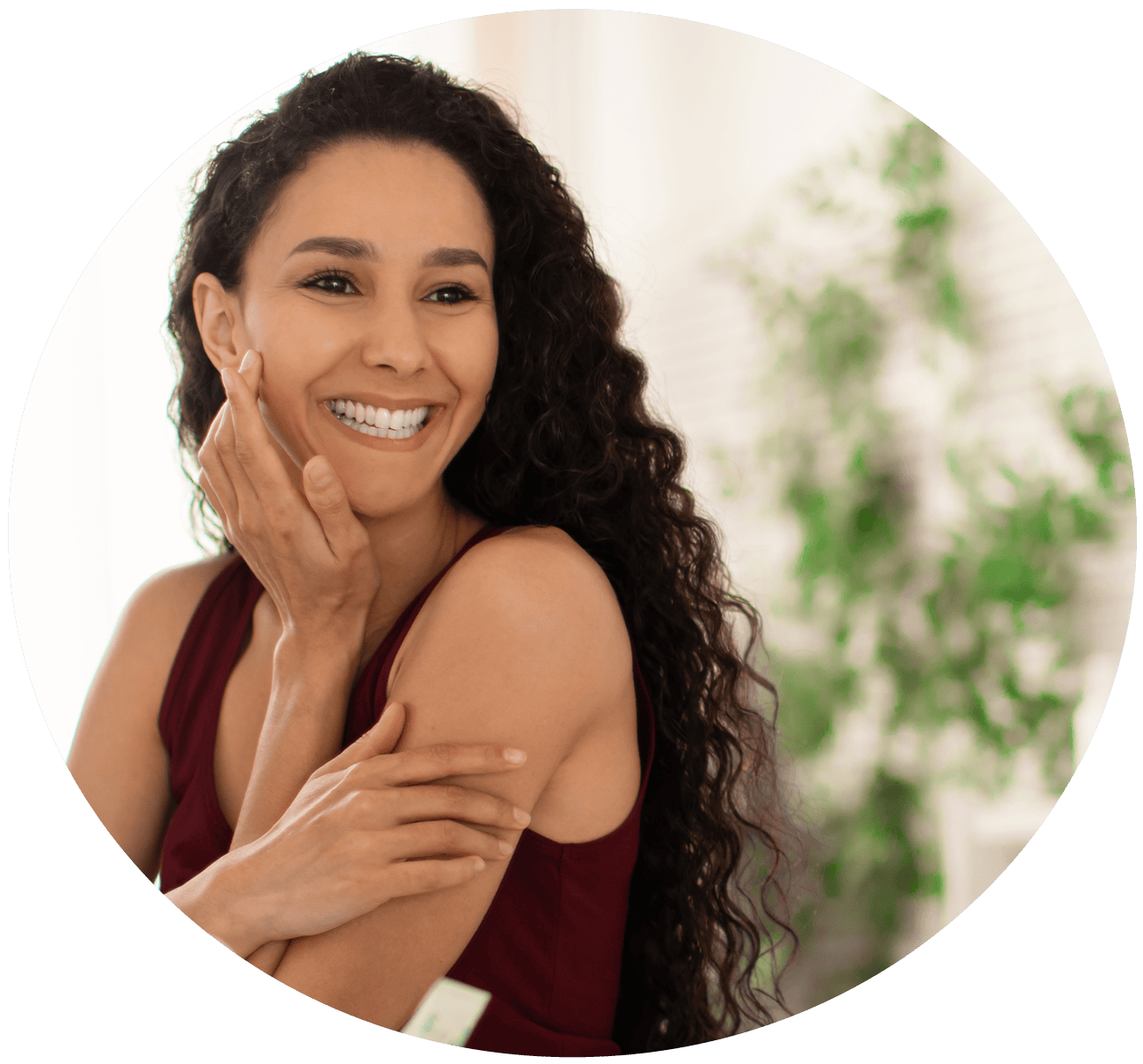 Woman resting chin on hand