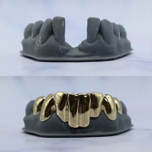Custom solid yellow gold closed bottom 8-tooth grillz fitted on a dental cast, shown before and after